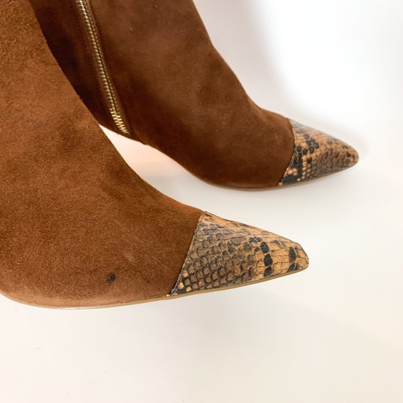 Anthropologie brown cognac pointy toe kitten heel snakeprint suede bootie 9.5 - Picture 8 of 8